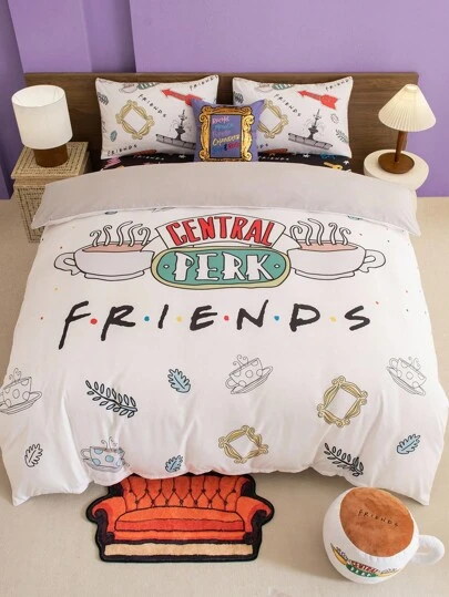 FRIENDS X SHEIN Central Perk 咖啡杯印花白色床上用品套装、礼品