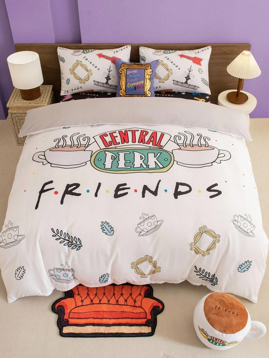 FRIENDS X SHEIN 3pc Coffee Cup Print White Bedding Set,Suitable For Single Bed/Double Bed/Queen Bed/King Bed, Dormitory/Home - Multicolor - View 1