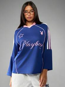 Missguided x Playboy 长袖足球球衣，印有字母Logo和号码，撞色滚边，2026世界杯运动时尚比赛日足球潮牌球衣 - 寶藍色 - 查看 1