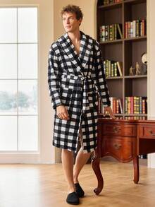 Bata de hombre con cuello de chal, cinturón y bolsillos, estampado de guinga, bata de hombre a cuadros de otoño/invierno, bata de hombre a cuadros búfalo