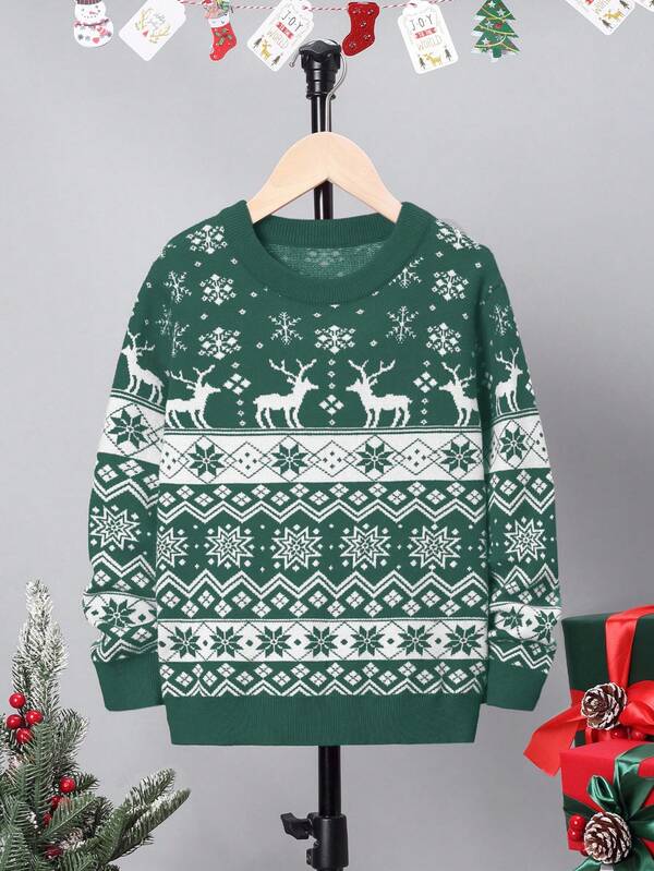 SHEIN Chandail tricoté ample et décontracté à encolure ras du cou pour garçons, motif de Noël pour l'automne/l'hiver