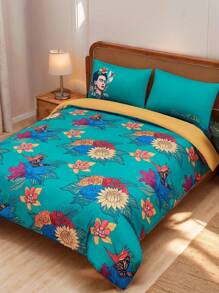 Frida Kahlo X SHEIN 三件套复古印花被套，采用磨毛面料，柔软保暖，多种尺寸可选，适用于单人床/双人床/大号床/特大号床，适合夏季、春季、海滩、度假、花卉主题。 - 墨綠色 - 查看 4