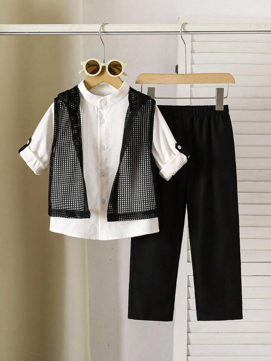 SHEIN 男童立领长袖双面袖口衬衫、裤子和网眼连帽背心三件套 - 黑色 - 查看 1