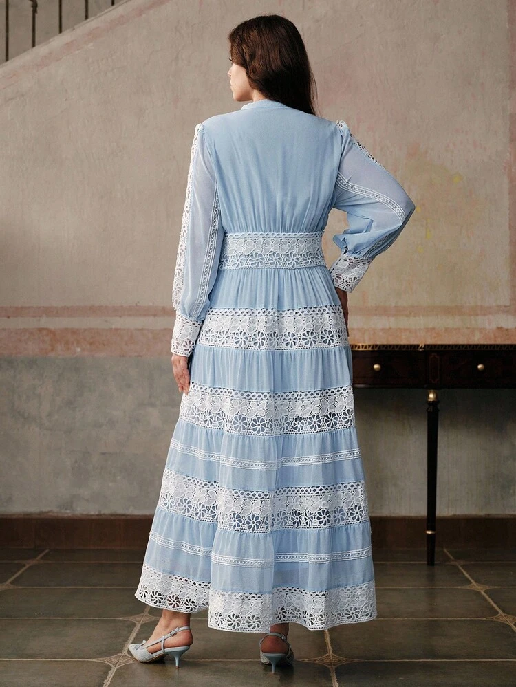 Plus Size Women's Elegant Fashion Resort Date Courtly Hollow-Out Lace Patchwork Romantic Long Dress, Suitable For Spring, Festival, Holiday