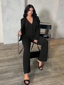 SHEIN SXY 3-teiliges Set: Dunkelblauer Blazer mit langen Ärmeln, Weste und Hose, sexy Outfit für den Arbeitsweg und Dates, Herbst/Winter