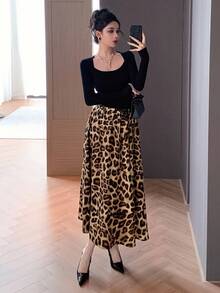 DAZY Gonna a-line casual da donna, stampa leopardata autunnale - Caffè Marrone - Visualizzare 7