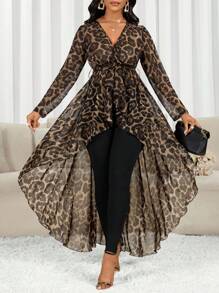 SHEIN Lady 女式豹纹V领前短后长袖衬衫 - 彩色 - 查看 4