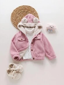 SHEIN Babygirl Autumn/Winter Cute Versatile Corduroy Hooded Jacket Fall - Pink - View 4