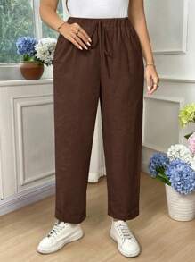 EMERY ROSE Pantalones entallados de algodón de unicolor con bolsillo y lazo en la cintura para mujer de talla grande - Marrón Chocolate - Ver 5
