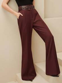 Anewsta 时尚高腰裤，配金属扣腰带，适合通勤，优雅，别致，秋冬，新年，勃艮第酒红色 - 中紫紅色 - 查看 4