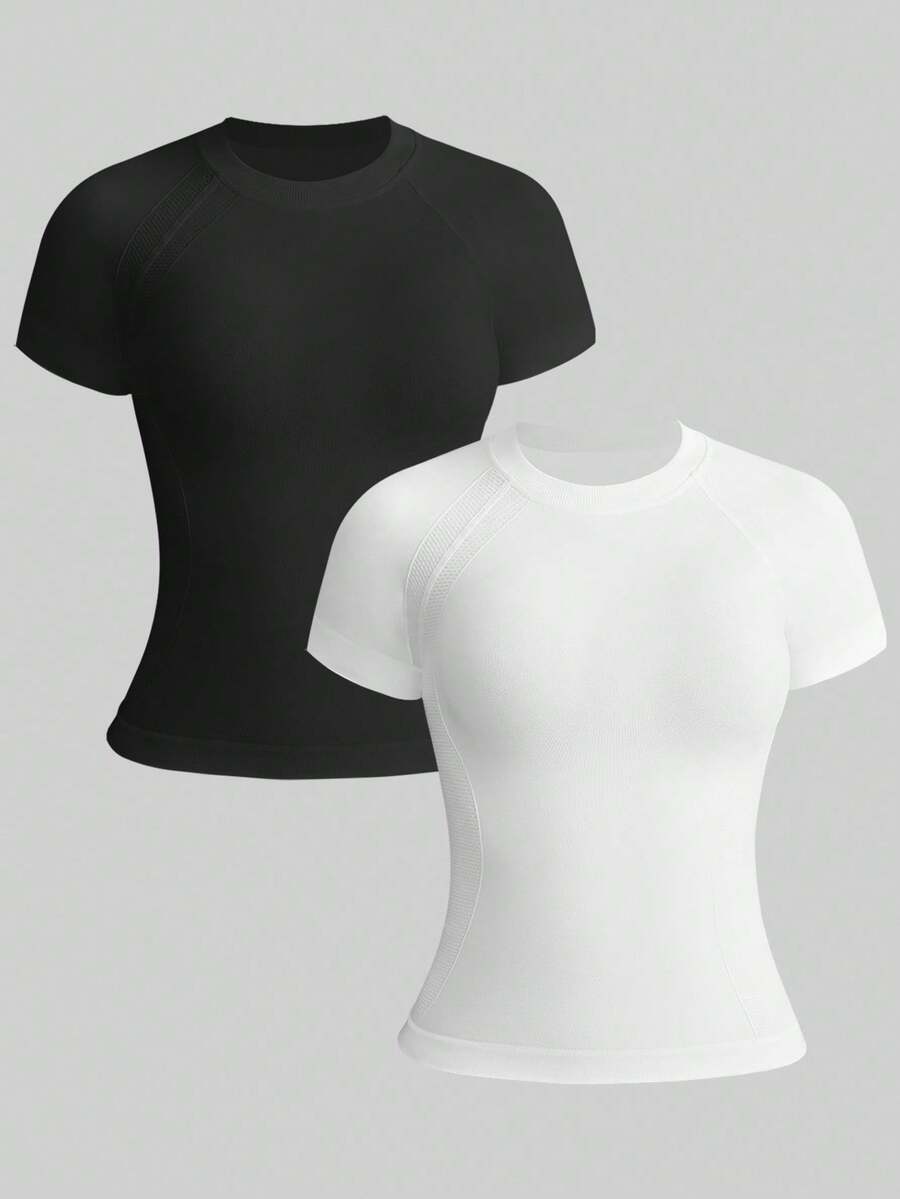 Easithlete 2 Pcs Leisure Solid Raglan Sleeve Sports Tee Tight Fitted Tops Women Gym Shirts Compression Shirt Women - Multicolor - View 1