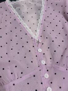 SHEIN Plus Size Women's Fashion Casual Lace Trim Button T-Shirt - Mauve Purple - View 4