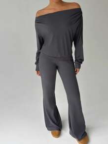 FavEase 1 套女式休闲纯色露肩长袖宽松短款上衣和低腰抽绳喇叭裤，秋季服装