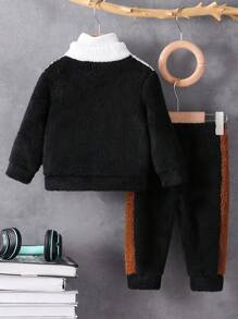 SHEIN Playful Pals 2pcs Baby Boys' Plush Warm Dinosaur Pattern Matching Casual Thick Jacket And Pants Set, Winter - Multicolor - View 2