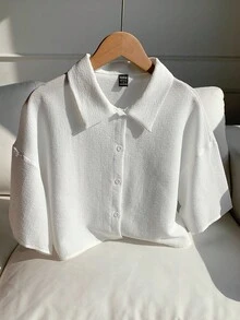 Comfortcana Women Solid Color  Woven Cropped Shirt - White - View 4