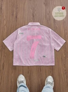 Manfinity Sporsity Plus Size Men's Striped Numeral Print Short Sleeve Loose Cropped Shirt