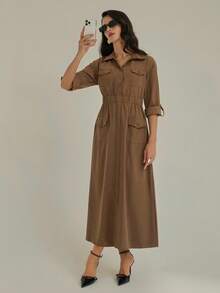 Modelyn 纯色纽扣前半襟收腰口袋翻盖连衣裙，女士休闲口袋七分袖领口常规版型长款卡其色粘胶卷袖纯色衬衫女式长裙，春/秋，休闲日常穿着超长女装 - 咖啡棕 - 查看 5
