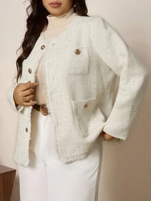 Zelara Plus Size Jacket, Fashionable And Elegant Tassel Edge Commuter Jacket, Round Neck Long Sleeve Exquisite Lady Style Jacket, Woven Textured Fabric, Four Pockets, Metal Button Decoration, Front Center Button, Upgraded Warmth Effect Women'S Autumn Clothing, Winter Jacket, Women'S Winter Clothing, Halloween Costume Women, Halloween Jacket, Business Professional Women, Business Casual Women, Elegant And Fashionable Commuter, Commuter Simple Office Old Style Jacket, Elegant Jacket, Waist Slim Jacket, Suitable For Daily Wear, Functional Pockets Fall - White - View 4