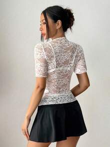 EgrlEra Áo cánh ren mỏng bó sát tay ngắn màu trơn dành cho nữ - trắng - Xem 2