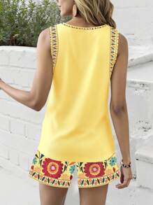 Bộ 2 chiếc/Bộ Áo ba lỗ in họa tiết hoa cổ điển dành cho nữ, họa tiết hoa thoải mái, phù hợp cho mùa xuân/hè, giải trí và ngày lễ - Màu vàng - Xem 2