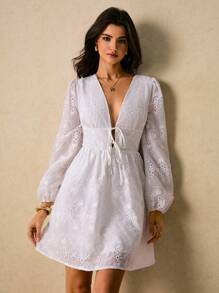 Poéselle 女式纯色常规肩绣花灯笼袖时尚迷你连衣裙 - 白色 - 查看 8