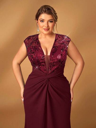 Serin 加大码优雅浪漫 V 领奢华串珠拼接松紧腰美人鱼下摆缀饰针织连衣裙，适合妈妈穿着