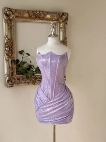 Lovelzi 时尚性感前卫闪亮亮片面料美人鱼抹胸连衣裙，适合夜店、派对、度假、鸡尾酒会 - 淡紫色 - 查看 5