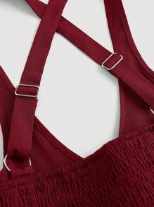 SHEIN MOD 加大码挤奶女工连衣裙，绿色可调节腰部系带前短后长连衣裙，适合女士 - 酒紅色 - 查看 3