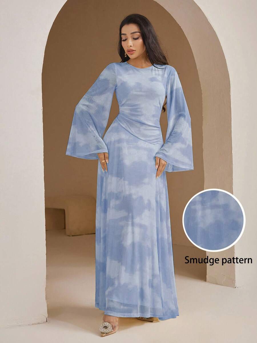 Veilorie Đầm dài tay cổ tròn in họa tiết tie-dye thanh lịch dành cho nữ - Màu xanh lam - Xem 1
