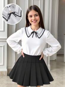 女童休闲长袖蕾丝花边套头衫，优雅花卉刺绣领衬衫，适合外出，简约白色上衣