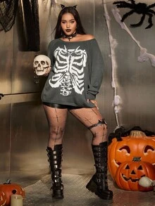 SHEIN EZwear Plus Size Women's Skull Jacquard Long Sleeve Pullover Sweater,Loose Fit Casual Goth Knitwear For Halloween,Autumn,Dark Grey Night Out,Daily Parties - Multicolor - View 4