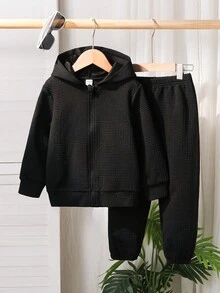 SHEIN 2 件套年轻男孩夹克和裤子套装，休闲学院风纹理面料夹克，适合返校、大学、秋冬季、假期、除夕、复古风格、圣诞节、新年 - 黑色 - 查看 6