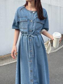 FRIFUL 女式深水洗蓝色短袖收腰口袋装饰缝线长裙，机场度假装 - 藍色 - 查看 6