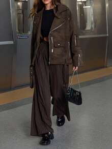 Chiquease 新款绒面革休闲夹克，时尚简约百搭拉链摩托车夹克，有领，高品质女士外套 - 棕色 - 查看 1