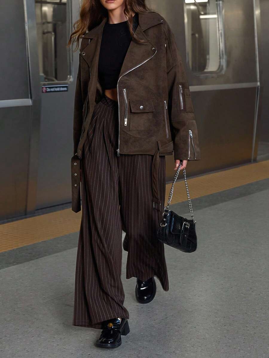 Chiquease 新款绒面革休闲夹克，时尚简约百搭拉链摩托车夹克，有领，高品质女士外套 - 棕色 - 查看 1