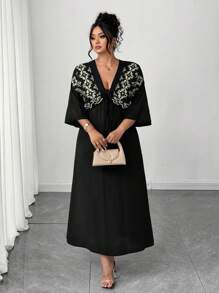 Elenzga Robe longue maxi pour femmes grandes tailles, col V décontracté, à nouer, imprimé floral jaune, manches 3/4, mélange de coton et lin