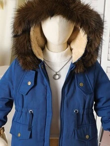 Áo khoác parka dày dặn cho bé gái, áo khoác có mũ trùm đầu bằng lông giả thời trang, cổ áo có khóa kéo, túi ở eo, áo khoác đệm thông thường cho mùa thu/đông - Màu xanh lam - Xem 4