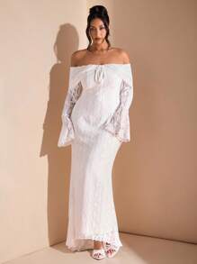 SHEIN BAE Váy Maxi đuôi cá dài tay ren trắng trễ vai thanh lịch dành cho nữ, thích hợp cho đám cưới, tiệc tùng, váy phù dâu, váy tốt nghiệp màu trắng - Màu be - Xem 4
