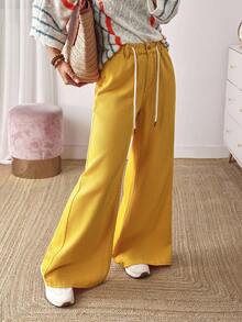 EMERY ROSE Women's Casual Solid Color Wide Leg Drawstring Waist Jeans - Yellow - View 1