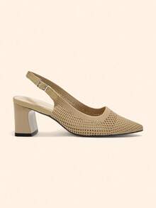 CUCCOO BASICS Women's Pointed Toe Chunky Heel Mid-Heel Slip-On Knit Backstrap Breathable Pumps, Spring/Summer - Khaki - View 2
