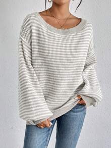 SHEIN LUNE Striped Pattern Off Shoulder Lantern Sleeve Sweater,Long Sleeve Tops,Off The Shoulder Sweater In Fall/Winter - Multicolor - View 6