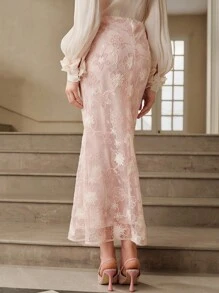 SHEIN Unity Women's Elegant Floral Embroidered Skirt, Romantic Pink - Pink - View 2