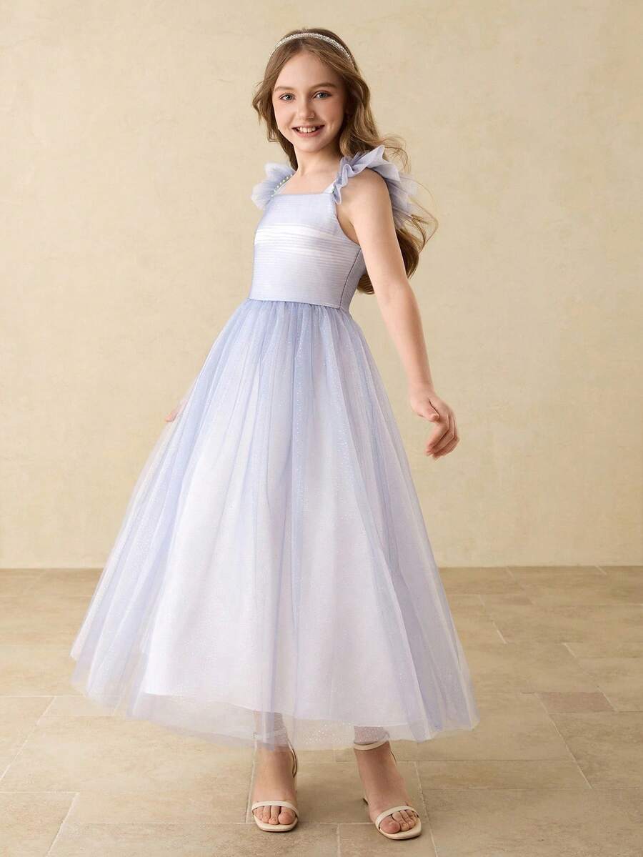 New Cap Sleeve High-End Mesh Princess Dress, Suitable For Back To School Party, Halloween, Girls Elegant Costume Dress - Blue - View 1