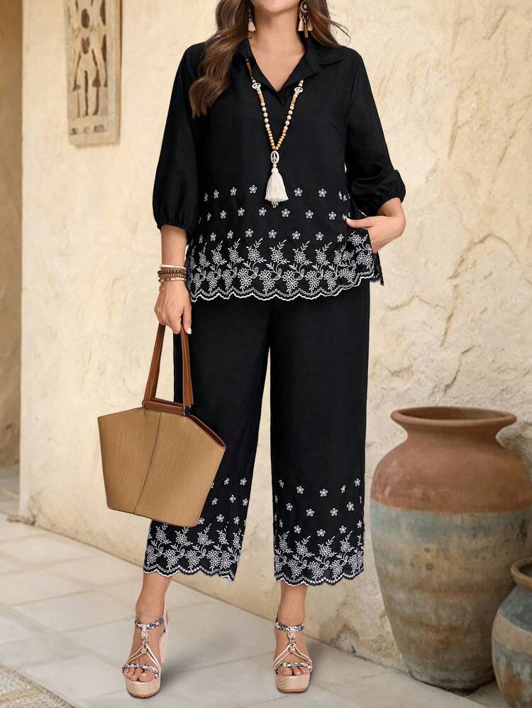 プラスサイズ レディース フローラル刺繍 ランタンスリーブ シャツ & ワイドレッグパンツ カジュアル 2点セット