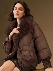 Anewsta Women's Fashionable Solid Color Fur Collar Jacket, Winter - Brown - View 3
