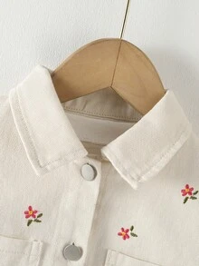 SHEIN Back-To-School Young Girls Vintage Washed Denim Jacket With Floral Embroidery,Soft Fabric Casual Fashionable Coats For Spring,Autumn Fall & Winter - Apricot - View 6