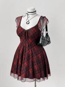 Sunspun Vestido de manga corta con cuello cuadrado y estampado de cuadros, talla grande, para verano