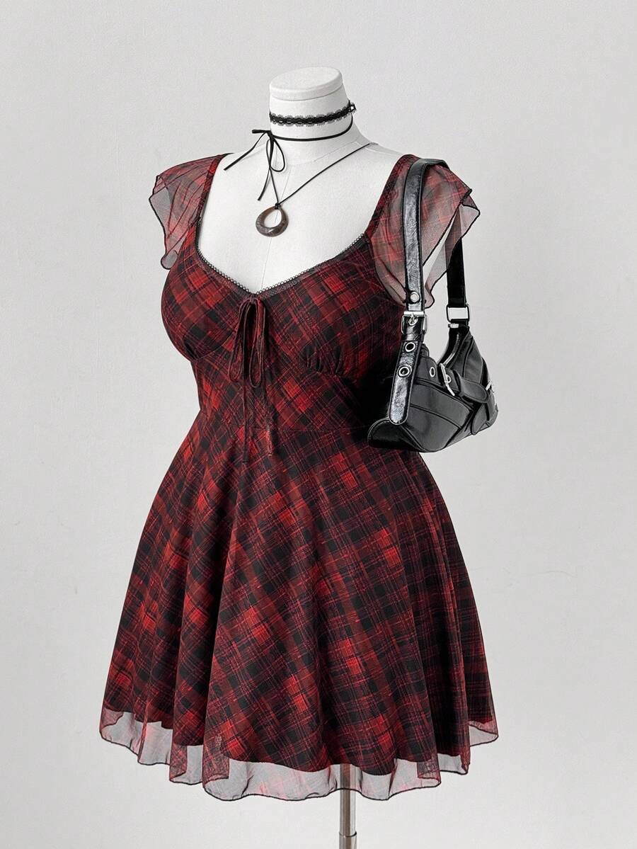 Sunspun Vestido de manga corta con cuello cuadrado y estampado de cuadros, talla grande, para verano