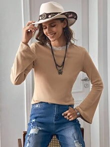 LanaWest 女式西部休闲圆领蕾丝边常规版型喇叭袖 T 恤 - 卡其色 - 查看 3