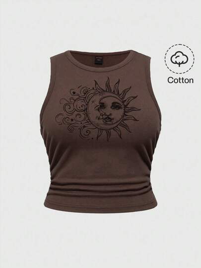 Fairycore Große Größen Braun Hippie Süß Sonne, Mond & Stern Muster Ärmellos Tank Top